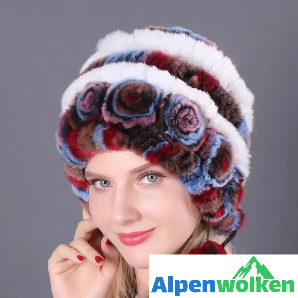 Alpenwolken - 🎁Warme Blumen gestreifte Kaninchenfellmützen B