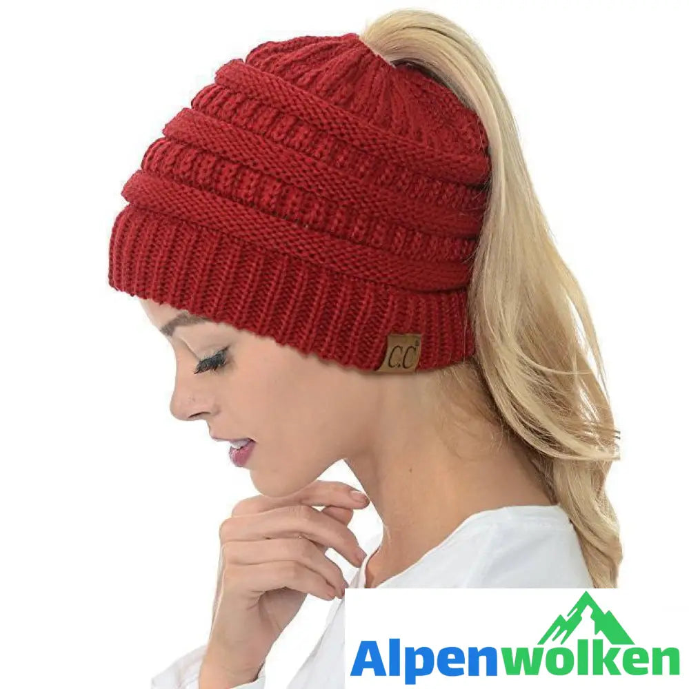 Alpenwolken - Weiche Gestrickte Pferdeschwanz-Mütze Mit Zöpfen Loch