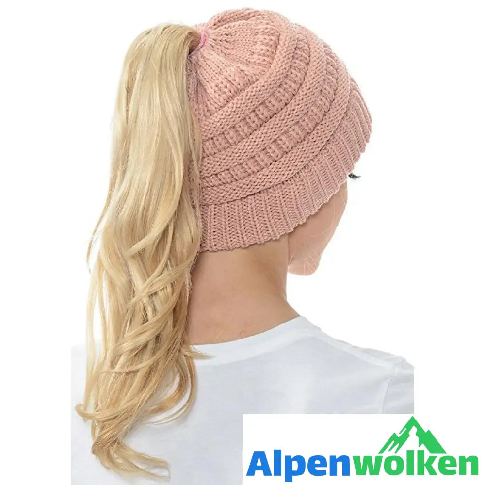 Alpenwolken - Weiche Gestrickte Pferdeschwanz-Mütze Mit Zöpfen Loch