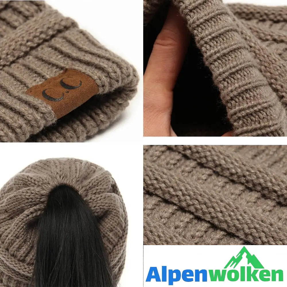 Alpenwolken - Weiche Gestrickte Pferdeschwanz-Mütze Mit Zöpfen Loch