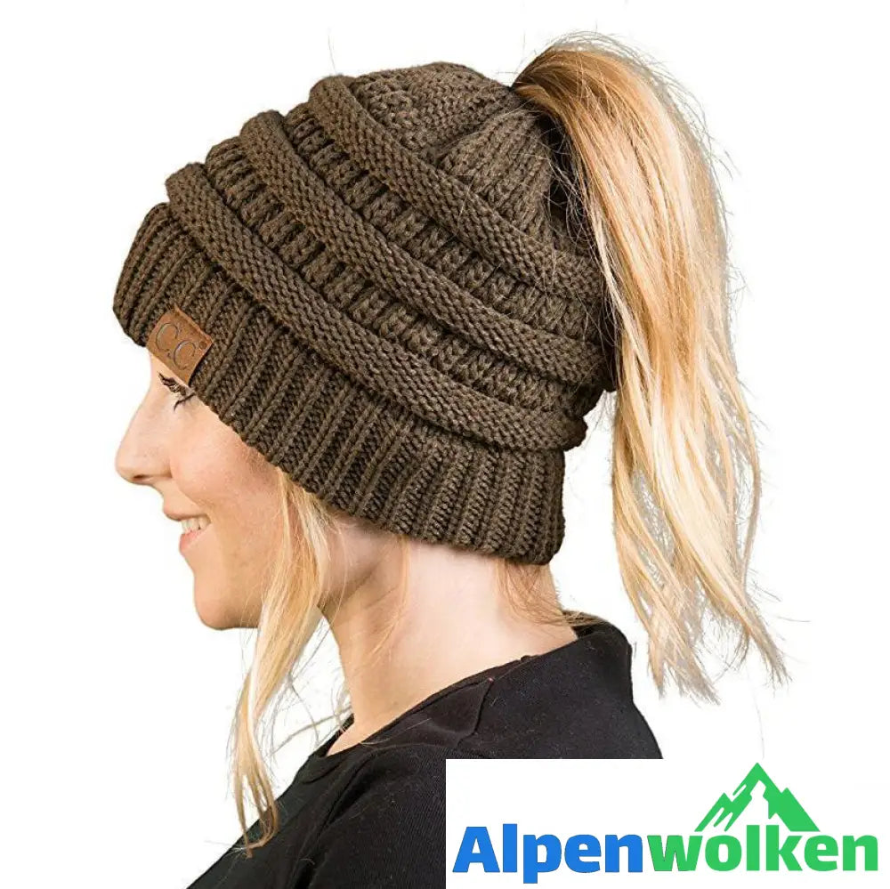 Alpenwolken - Weiche Gestrickte Pferdeschwanz-Mütze Mit Zöpfen Loch