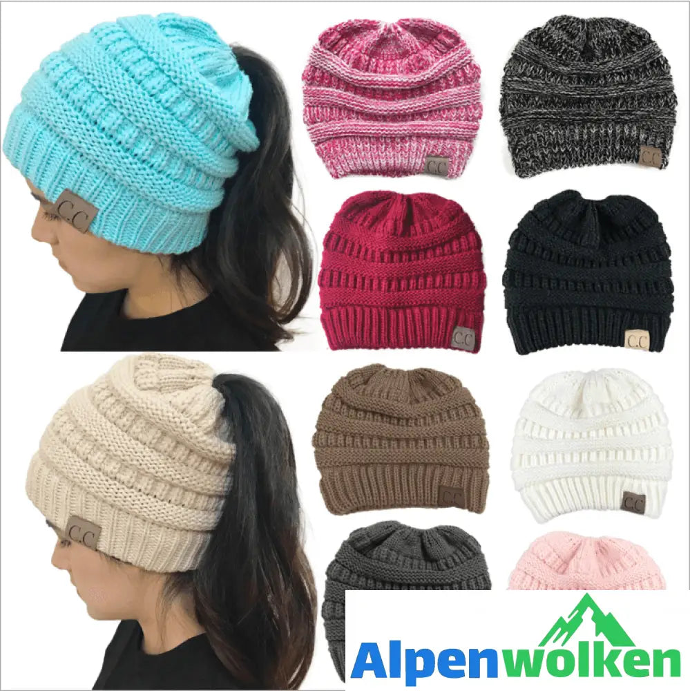 Alpenwolken - Weiche Gestrickte Pferdeschwanz-Mütze Mit Zöpfen Loch