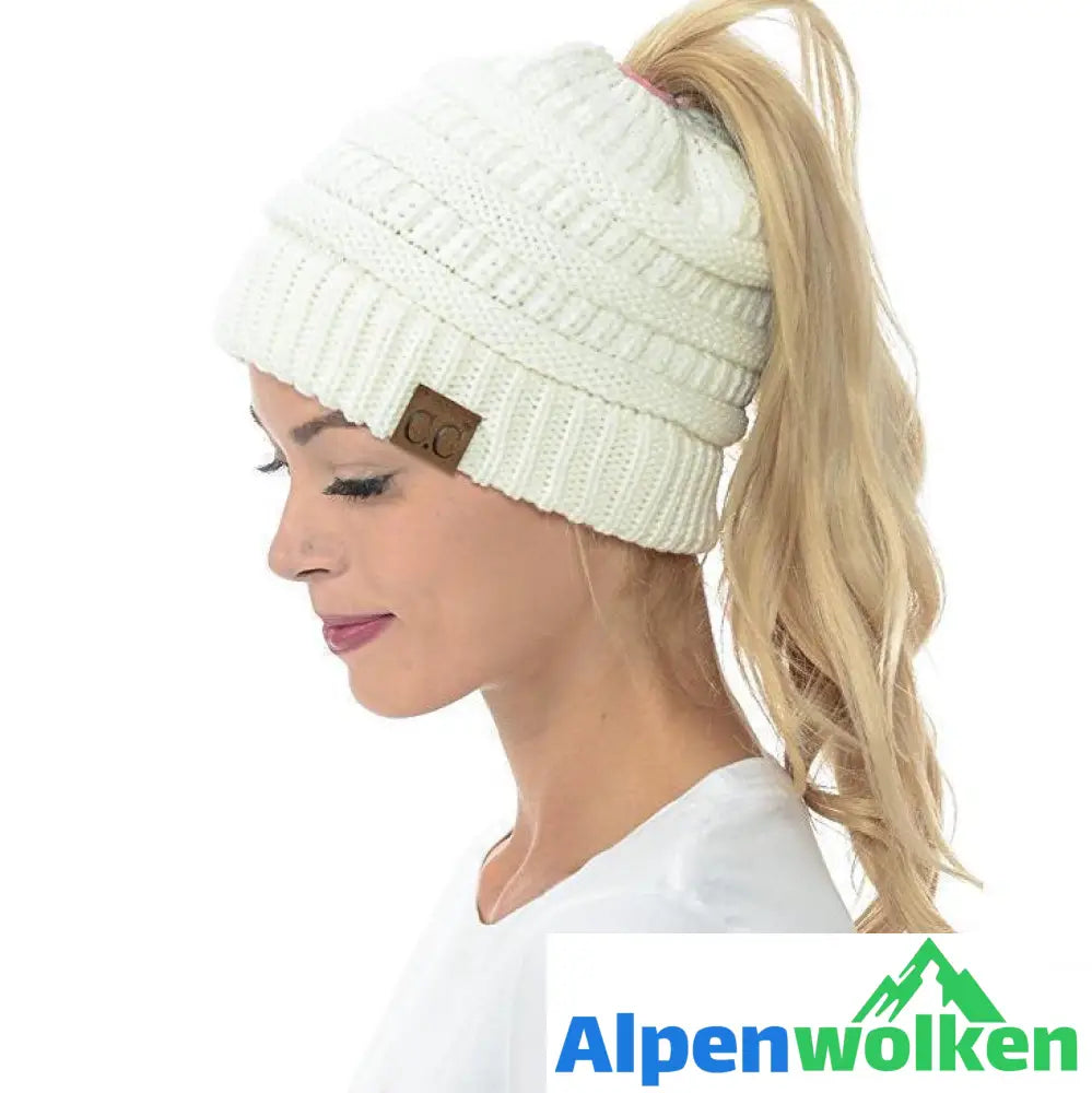 Alpenwolken - Weiche Gestrickte Pferdeschwanz-Mütze Mit Zöpfen Loch