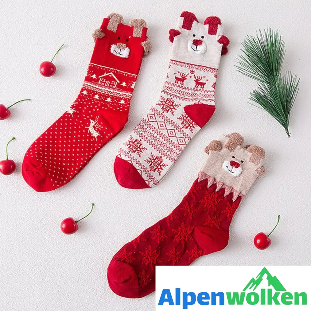 Alpenwolken - Weihnachts-Comic-Muster Socken, 3 Paare