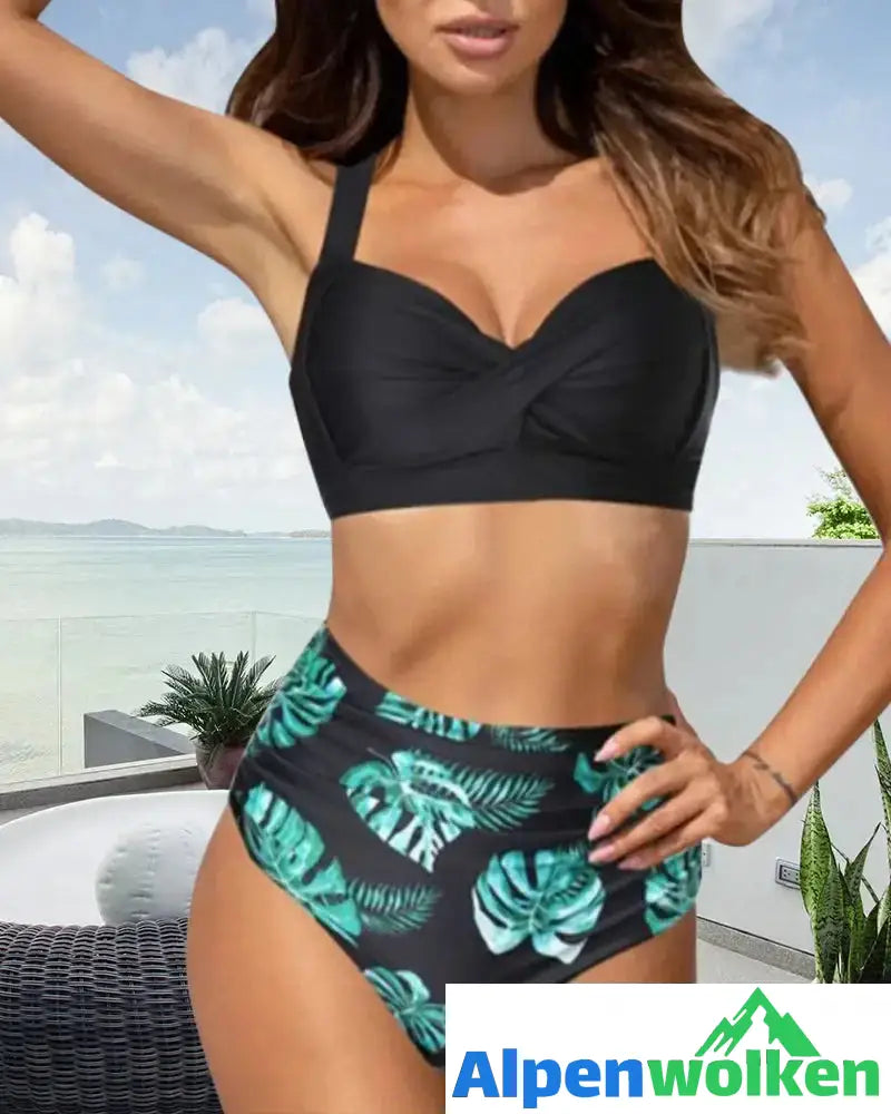 Alpenwolken - Zweiteiliges Badeanzug-Bikini-Set mit sexy Print Schwarz+Grün